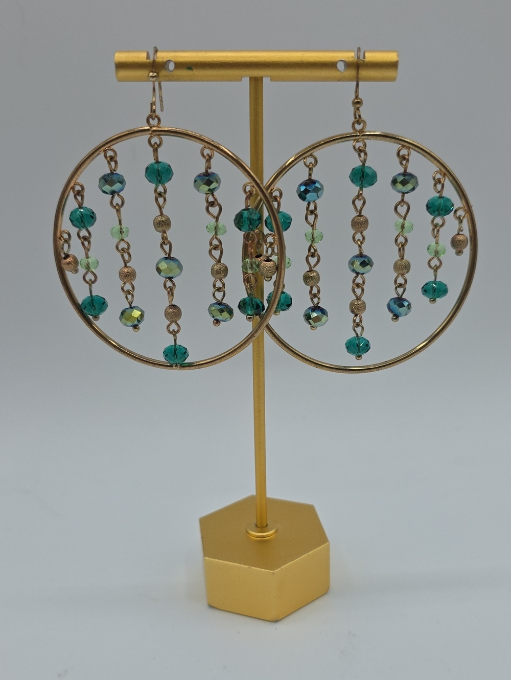 Gold Hoop Earrings with Teal Crystal Drops - Women Jewelry